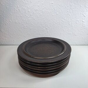 Set of 8 Dark Brown Speckled Stoneware Dinner Plates Rustic Farmhouse Tableware